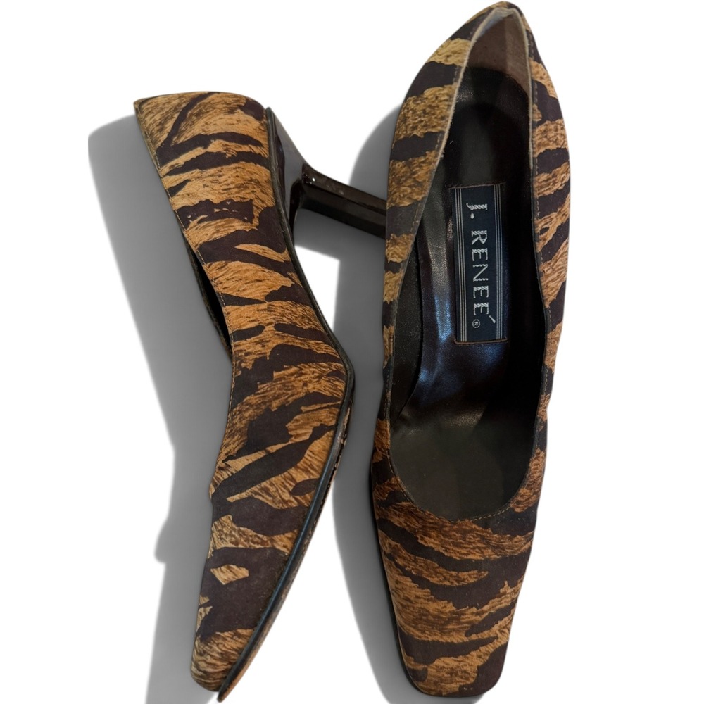 J. Renee Vintage 90s Tiger Print Square Toe Western Heel Pumps Brown Tan 6.5M